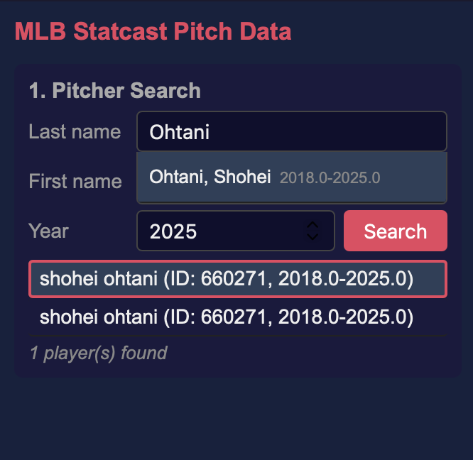 Pitcher search showing Ohtani results